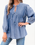 Denim Pleated Bow Tie Top
