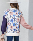 Floral Panel Colorblock Sleeve Crewneck Sweater