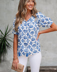 Grace Geometric Tassel Drawstring V Neck Blouse