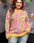 Plus Size Leopard Ribbed Trim Crewneck Sweater