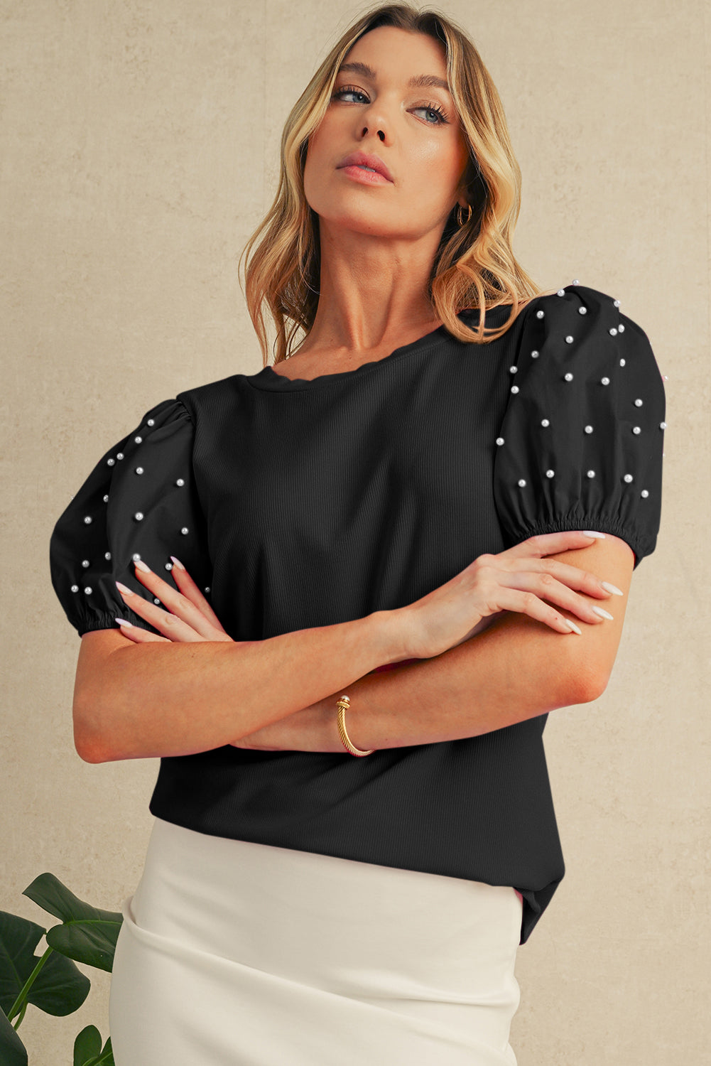 Pearl Beaded Puff Sleeve Ribbed Top