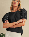 Pearl Beaded Puff Sleeve Ribbed Top