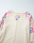 Plus Size Floral Patchwork Sleeve Crewneck Top
