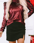 Solid Sequin Mock Neck Long Sleeve Top