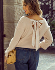 Bow Back  Lantern Sleeve V-Neck Sweater
