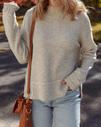 Waffle Knit Ribbed High Neck Drop Shoulder Sweater