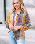 Brown Dot Print Long Sleeve Button Down Shift PLUS Shirt