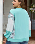 Plus Size Plaid Patchwork Corded Knit Long Sleeve Top
