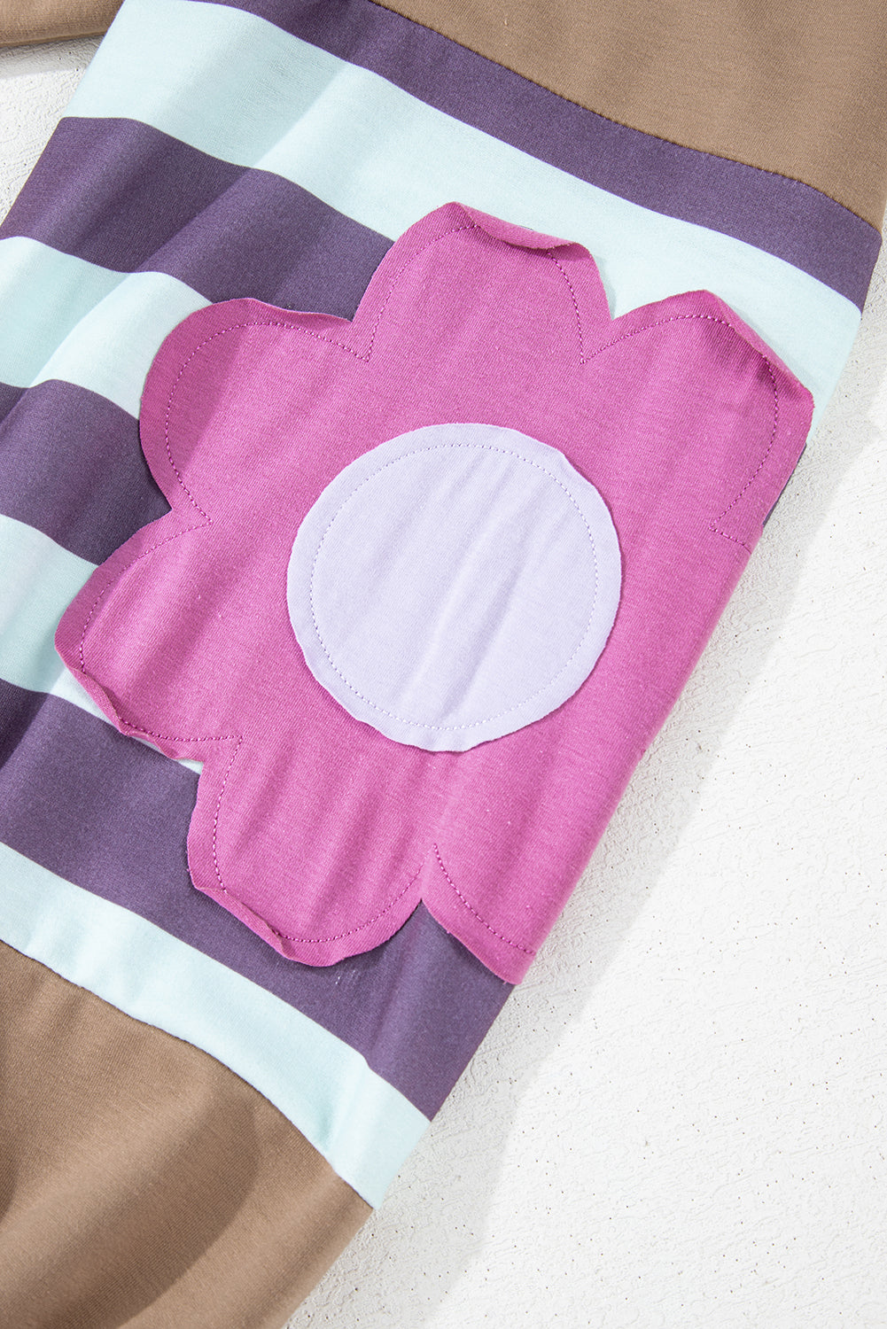 Light French Beige Flower Striped Patchwork Puff Sleeve Loose PLUS Sweatshirt