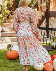 Floral V-Neck Ruffle Long Sleeve Midi Dress