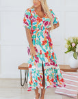 Sky Floral Knot Puff Sleeve Buttoned Front Maxi Dress