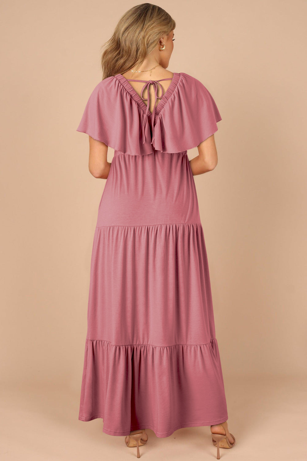 Kelsey Textured Flutter Sleeve Ruffled Maxi Dress