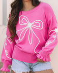 Bow Corded Floral Ribbed Trim Sweater