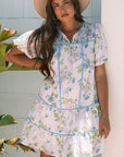 Celina Floral Striped Trim Tie Split Neck Mini Dress