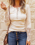 Crochet Lace Hem Sleeve Half-Button Top