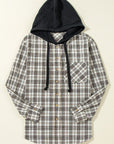 Ariella Checkered Loose Fit Buttoned Hooded Shacket