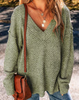 Solid Eyelet V-Neck Drop Shoulder Sweater