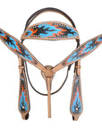 HILASON Western Horse Leather Headstall & Breast Collar Set Turquoise Flame