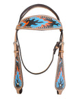 HILASON Western Horse Leather Headstall & Breast Collar Set Turquoise Flame