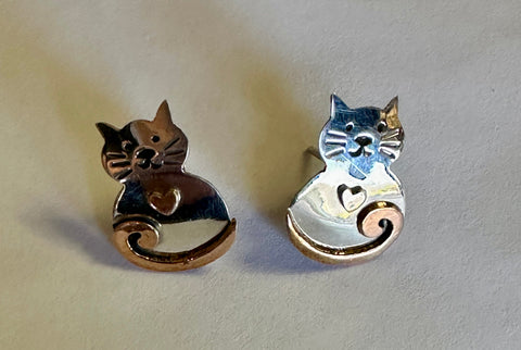 SILVER & COPPER CAT EARRING ON POST EARRINGS