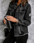 Denim Lapel Distressed Raw Hem Buttoned Jacket