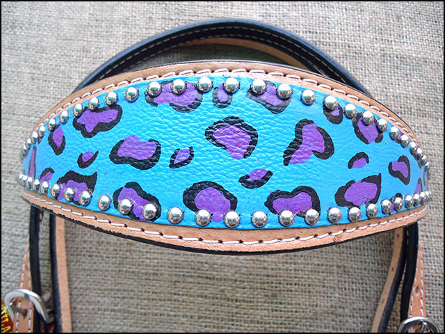 HILASON Western Horse Leather Headstall &amp; Breast Collar Set Turquoise Cheetah