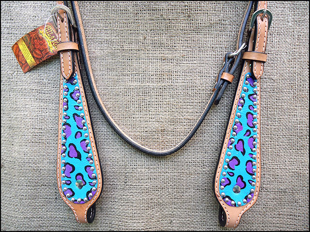 HILASON Western Horse Leather Headstall &amp; Breast Collar Set Turquoise Cheetah