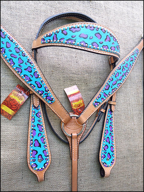 HILASON Western Horse Leather Headstall &amp; Breast Collar Set Turquoise Cheetah