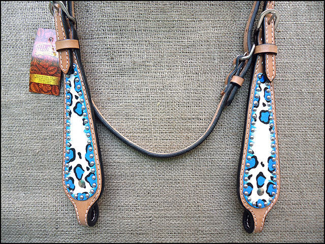 HILASON Western Horse Leather Headstall &amp; Breast Collar Set Turquoise Leopard