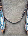 HILASON Western Horse Leather Headstall & Breast Collar Set Turquoise Leopard