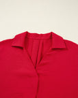 Solid Collared V-Neck Smocked 3/4 Sleeve Top