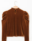 Velvet Frilled Neck Puff Sleeve Top