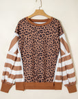 Plus Size Leopard Stripe Patchwork Side Slit Sweatshirt