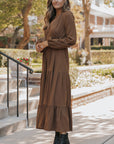 Solid Buttoned V-Neck Long Sleeve Tiered Maxi Dress