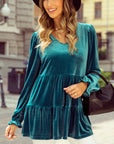 Velvet V-Neck Puff Sleeve Peplum Blouse