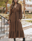 Solid Buttoned V-Neck Long Sleeve Tiered Maxi Dress