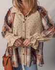 Boho Floral Plaid Patchwork Ruffle Sleeve Waffle Shacket