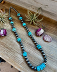 NFR Collection Necklace – 35 inch long 8mm & 14mm Sterling Silver Pearls with 20mm Turquoise Rondelle