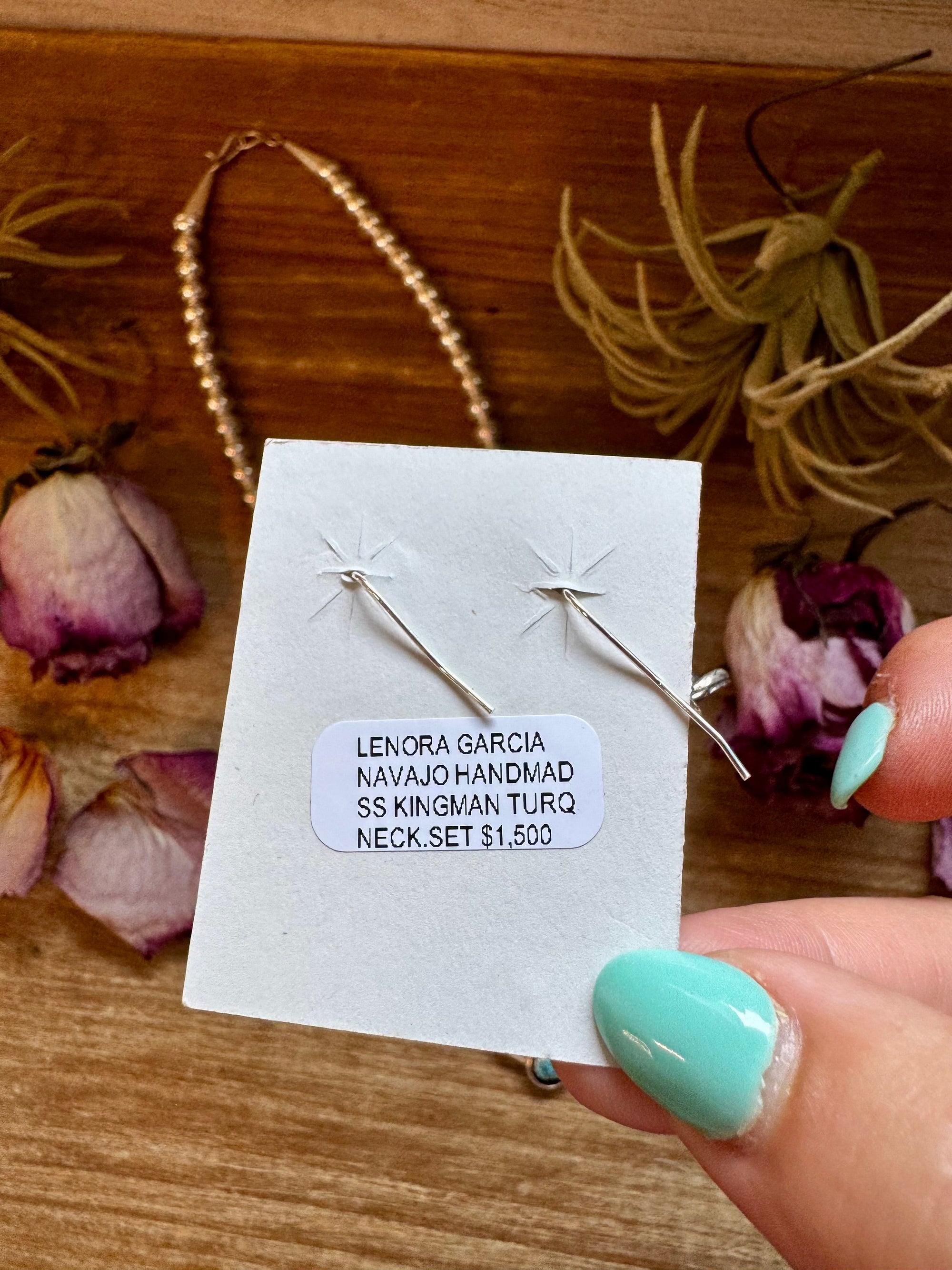 Mini Squash Blossom Necklace &amp; Earrings – Kingman Turquoise – Sterling Silver – Native Made by Lonora Garcia – 17.5&quot;