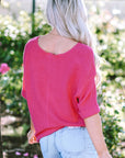 Delilah Textured Knit Split Neck Cuffed Short Sleeve Top
