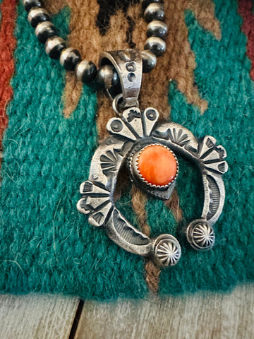 Navajo Sterling Silver & Orange Spiny Naja Pendant by Kevin Billah