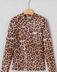Leopard Mesh Mock Neck Long Sleeve Top