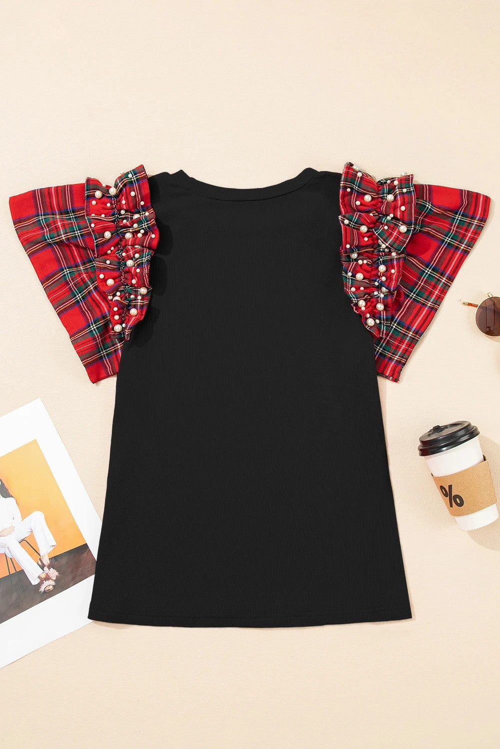 Plaid Patchwork Pearl Ruffle Sleeve T-Shirt