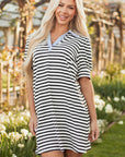 Stripe Patchwork V-Neck Collared Mini Dress