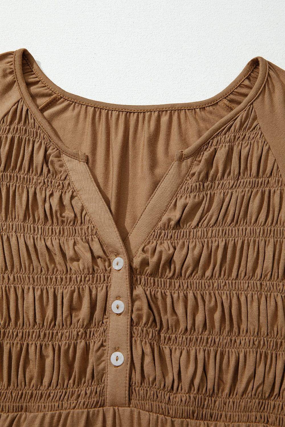 Solid Smocked Split V-Neck Buttoned Blouse