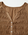 Solid Smocked Split V-Neck Buttoned Blouse