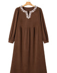 Plus Size Textured Corduroy Embroidered Neckline Midi Dress