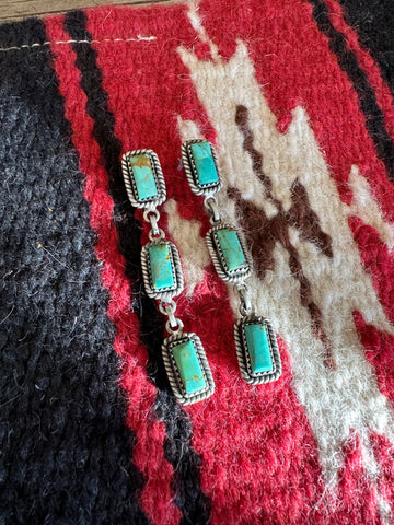 3 Stone Handmade Natural Turquoise and Sterling Silver Dangles