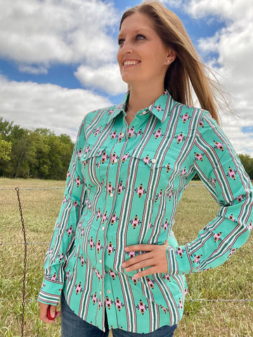 Shop Women's Wrangler Retro Southwestern Stripe Snap Shirt in Green