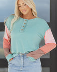 Colorblock Corded Knit Long Sleeve Henley Top